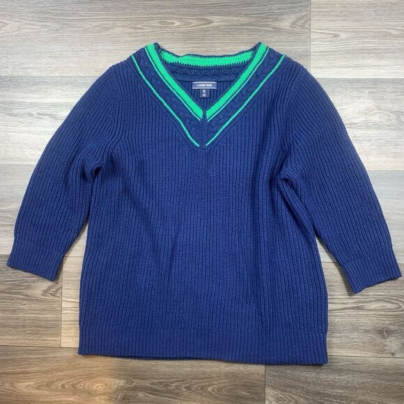 Lands' End Lofty Bobbie Navy Blue Green V-Neck Tennis Sweater Women's XL - Picture 1 of 7